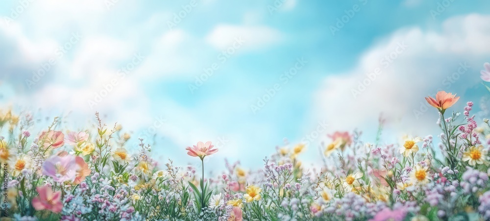 Vibrant Meadow of Colorful Wildflowers Under a Clear Blue Sky with Soft Fluffy Clouds Bringing a Sense of Peaceful Nature and Serenity to Your Outdoor Imagery Collection Vibrant Meadow of Colorful Wildflowers Under a Clear Blue Sky with Soft Fluffy Clouds Bringing a Sense of Peaceful Nature and Serenity to Your Outdoor Imagery Collection