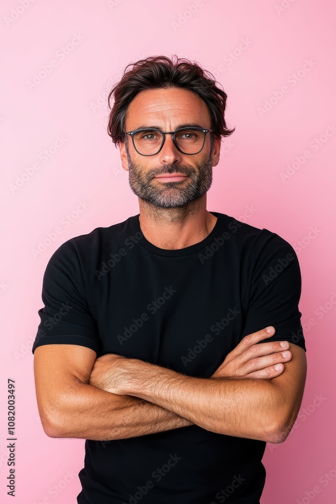 A sad man with glasses crossing arms against a pastel pink backdrop A sad man with glasses crossing arms against a pastel pink backdrop