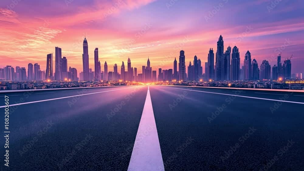 sunset skyline view from an empty road leading towards city skyscrapers sunset skyline view from an empty road leading towards city skyscrapers