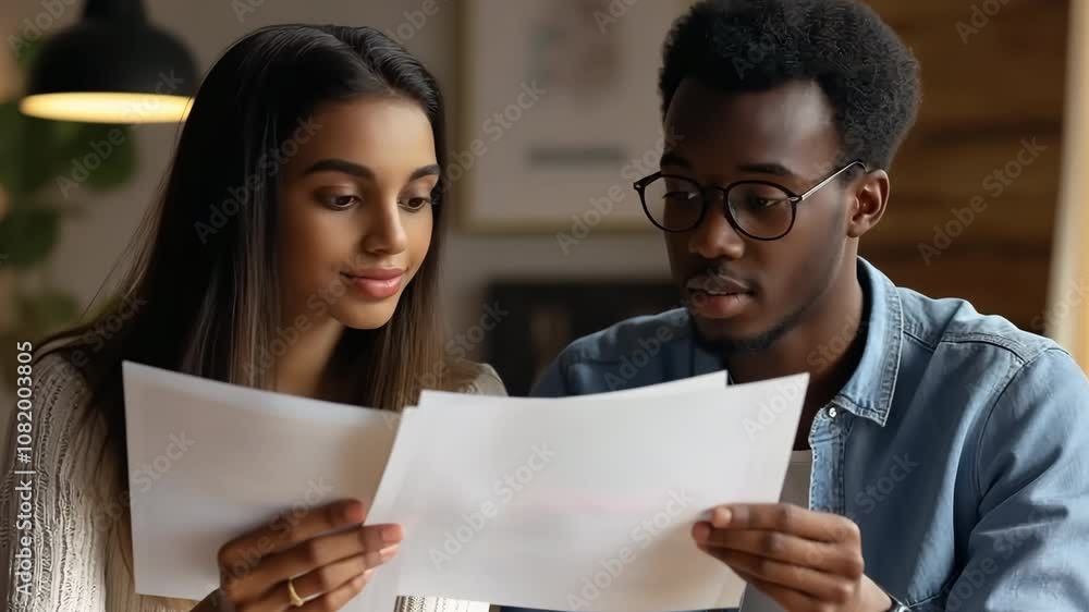 A man and a woman are looking at a piece of paper A man and a woman are looking at a piece of paper