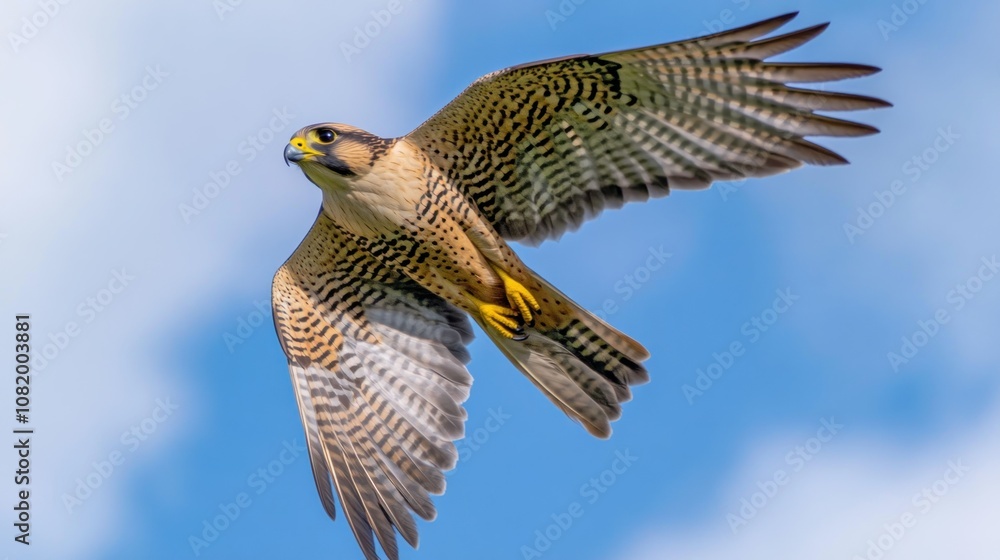 Fototapeta premium A Peregrine Falcon in Flight with Spread Wings Against a Blue Sky