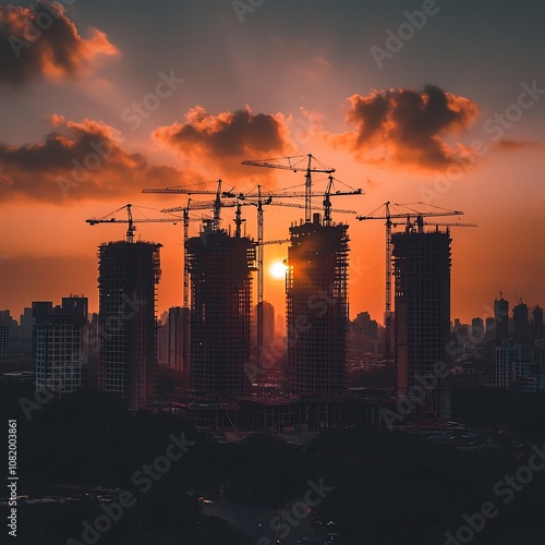 Towering Skyline Silhouettes Under Vibrant Sunset Cityscape of Ongoing Construction and Development photo