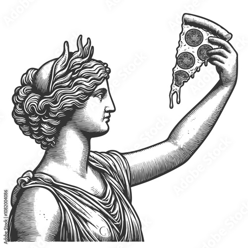 classical woman Greek-style statue holding a slice of pizza, ancient art with modern pop culture in a playful, creative design sketch engraving generative ai vector illustration. Black and white image