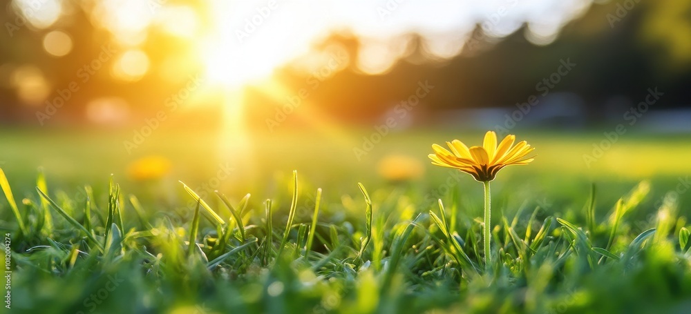 Obraz premium Vibrant Yellow Flower Blooming in Lush Green Grass Under the Glowing Sunlight at Golden Hour in a Natural Outdoor Setting