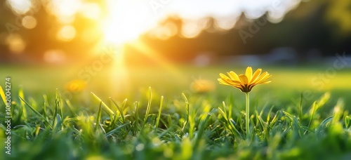 Vibrant Yellow Flower Blooming in Lush Green Grass Under the Glowing Sunlight at Golden Hour in a Natural Outdoor Setting