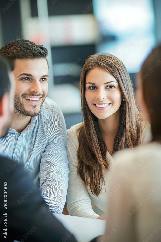 Fototapeta premium Young happy couple talking with real estate agent and buying a new house.