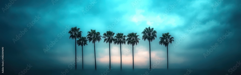 Obraz premium Hurricane winds sway palm trees at dusk in coastal region