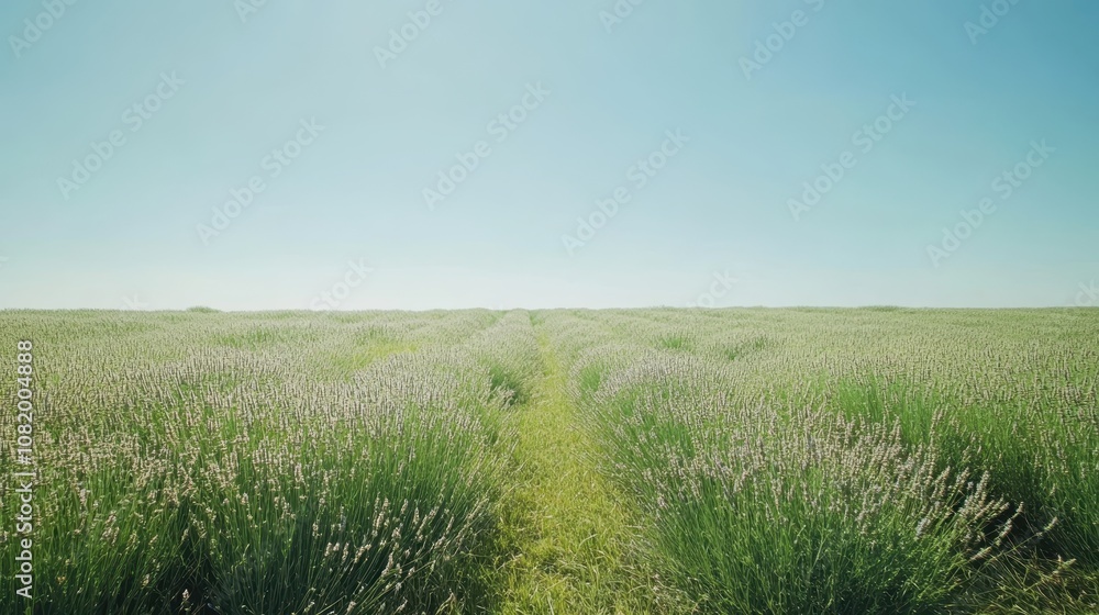 Fototapeta premium A field of lavender stretching out to the horizon, with a clear blue sky above.