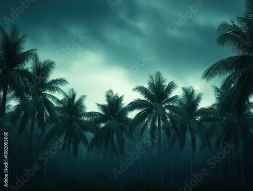 Hurricane approaches palm trees under dark, ominous sky at dusk