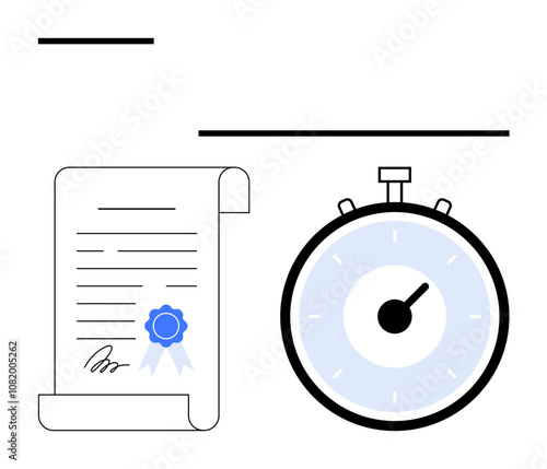 Certificate document with blue ribbon on the left, stopwatch with blue face and black accents on right, thin black lines. Ideal for achievement, success, certification, punctuality, deadlines, goals