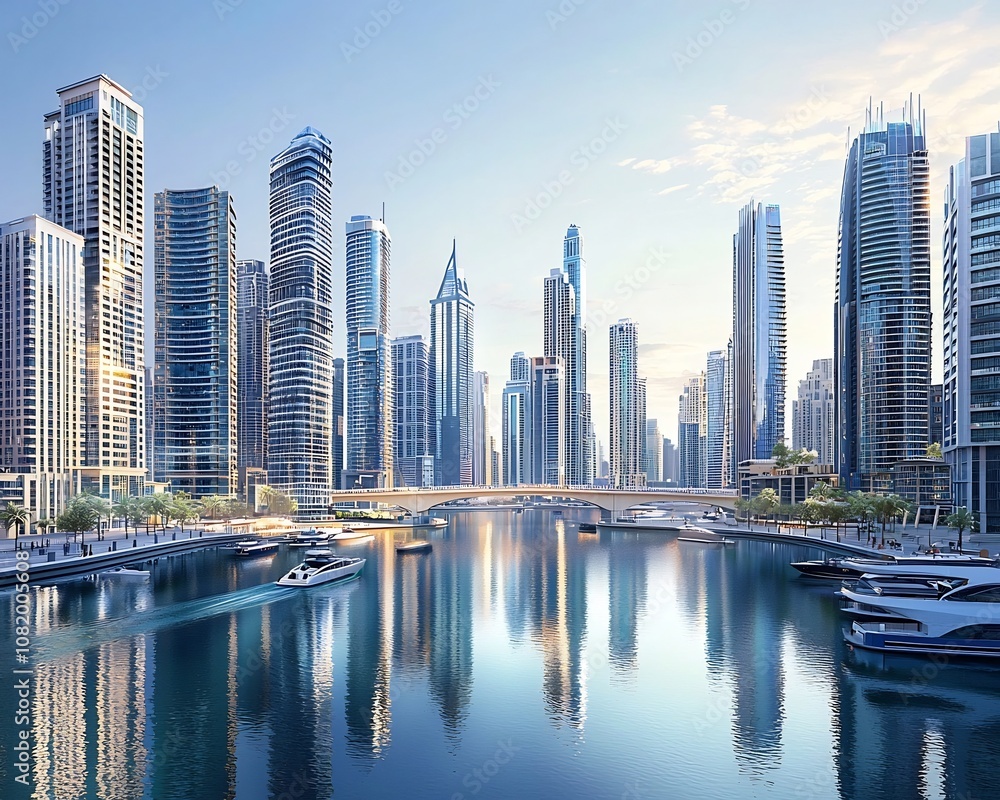 Mesmerizing Cityscape of Towering Skyscrapers Mirrored in Tranquil Waterways Mesmerizing Cityscape of Towering Skyscrapers Mirrored in Tranquil Waterways