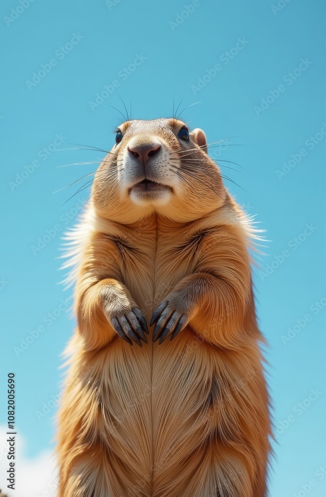 Fototapeta premium Adorable prairie dog standing curiously against clear blue sky