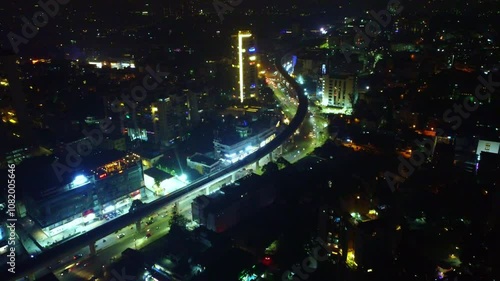 Night time Ariel shot of newly constructed Banerghatta road metro line in Bangalore city, India  photo