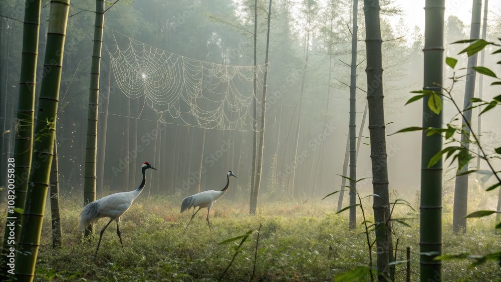 Obraz premium Morning Dew Glistens in a Bamboo Forest With Cranes Moving Gracefully. Generative AI