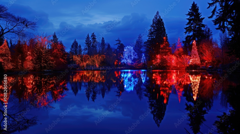Fototapeta premium Christmas Outdoor Lights. Red and Blue Reflections at Van Dusen Garden in Vancouver, Canada