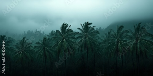 Palm trees sway wildly in hurricane winds in the tropics photo