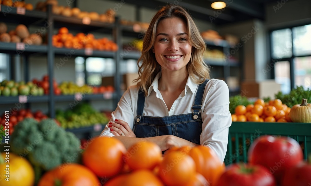 Smiling woman in grocery store, surrounded by fresh fruits and vegetables, exuding warmth and friendly customer service in a vibrant produce section Smiling woman in grocery store, surrounded by fresh fruits and vegetables, exuding warmth and friendly customer service in a vibrant produce section