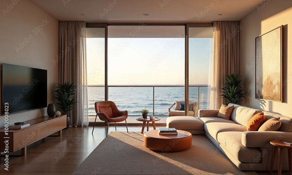 Fototapeta premium Modern living room with ocean view, featuring cozy furniture, warm lighting, and a serene ambiance, perfect for relaxation and coastal living