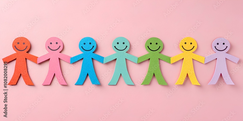Colorful Paper Cutout People Holding Hands. A row of colorful paper cutouts of people holding hands against a pastel pink background. Colorful Paper Cutout People Holding Hands. A row of colorful paper cutouts of people holding hands against a pastel pink background.