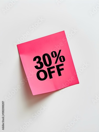 Black '30% OFF' Text on a Hot Pink Square Paper Note. White Background 