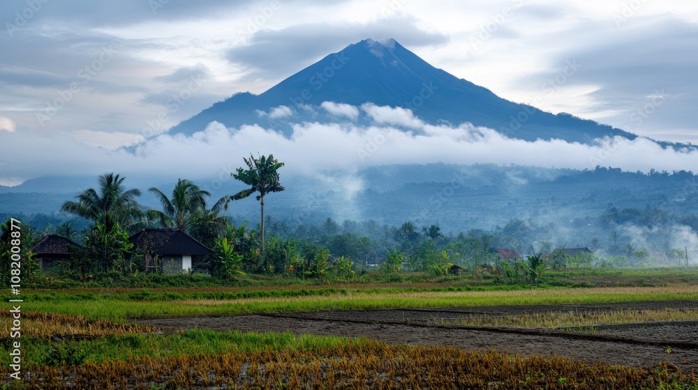 East Java volcano towering over the landscape, with clouds of volcanic gas and sulfur deposits East Java volcano towering over the landscape, with clouds of volcanic gas and sulfur deposits