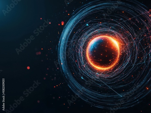 Quantum computing of cryptography concept. A glowing sphere surrounded by swirling particles and vibrant light, showcasing a cosmic or abstract design in a dark background.