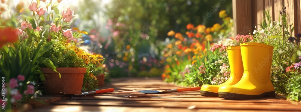 Vibrant Garden Scene with Colorful Flowers and Tools Vibrant Garden Scene with Colorful Flowers and Tools
