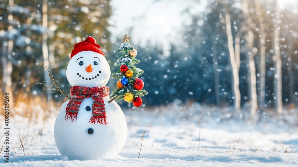 A cheerful snowman with a red hat and scarf stands in a snowy forest with a small Christmas tree beside it. The snow is falling and the sun is shining through the trees. A cheerful snowman with a red hat and scarf stands in a snowy forest with a small Christmas tree beside it. The snow is falling and the sun is shining through the trees.