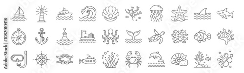 Marine Life, Nautical Elements line icon set. Vector pictograms of sea creatures, sailing, underwater exploration, sailboat, lighthouse, ship, anchor, compass, coral reef thin linear illustration.