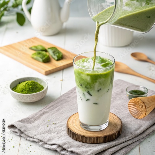 Refreshing Matcha Latte Being Poured With Ice in a Serene Kitchen Setting. Generative AI