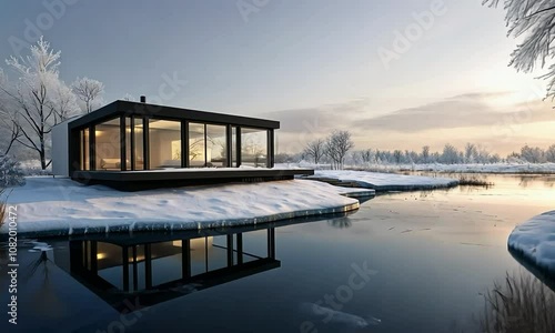 Scandinavian home on an icy ledge, with a clean facade and expansive windows, overlooking a frozen lake and snowy landscape