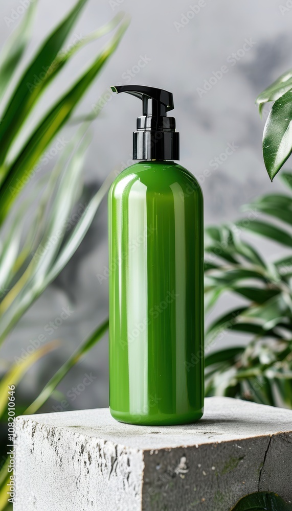 Stylish green bottle pump on a stone pedestal surrounded by lush plants, perfect for eco-friendly product displays. Stylish green bottle pump on a stone pedestal surrounded by lush plants, perfect for eco-friendly product displays.