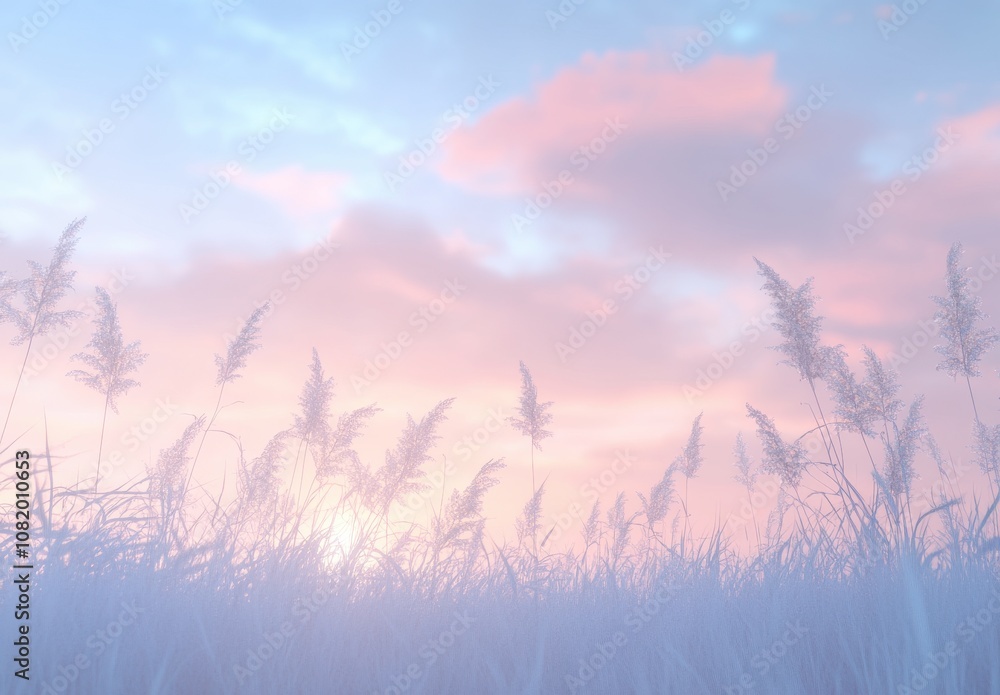 Fototapeta premium Serene Landscape of Silhouetted Grasses Against a Soft Pink and Blue Sky at Sunset, Creating a Peaceful and Dreamy Atmosphere for Nature Lovers