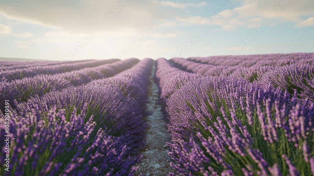 A lavender field in full bloom, with rows of purple flowers stretching towards the horizon. A lavender field in full bloom, with rows of purple flowers stretching towards the horizon.