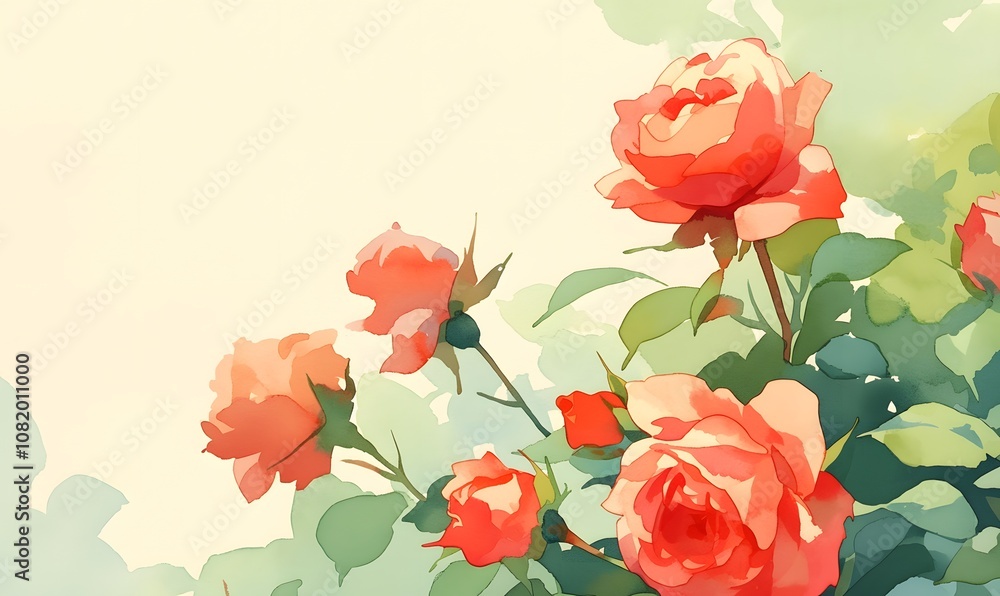 Vibrant red rose watercolor illustration on green background, Generative AI Vibrant red rose watercolor illustration on green background, Generative AI