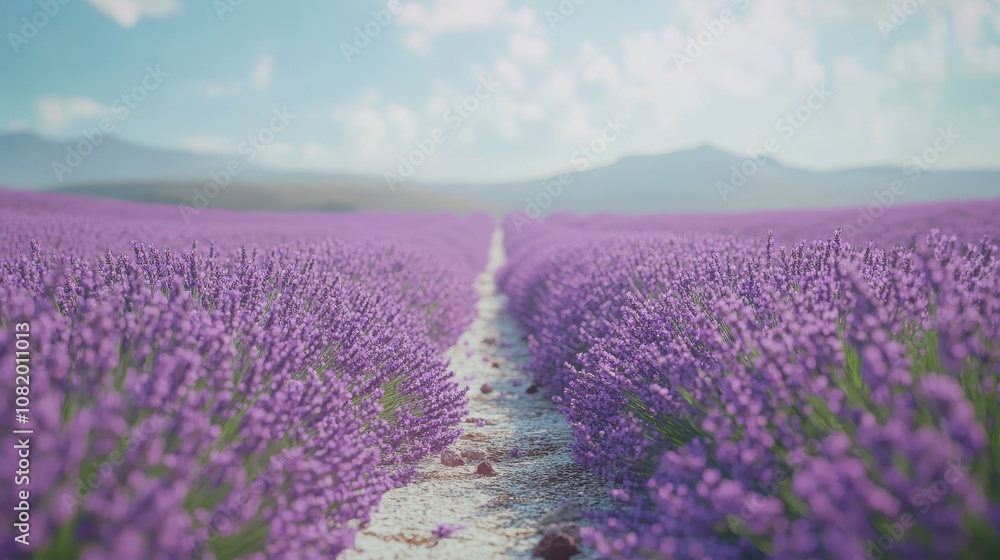 Fototapeta premium A lavender field in full bloom, with rows of purple flowers stretching towards the horizon.