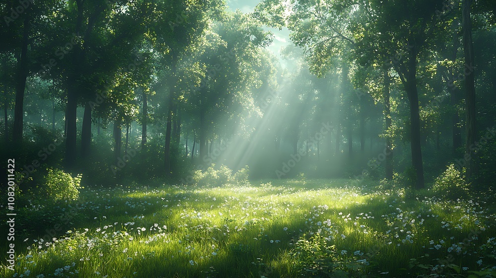 Fototapeta premium Sunlit forest clearing surrounded by dense trees and rich green foliage picture