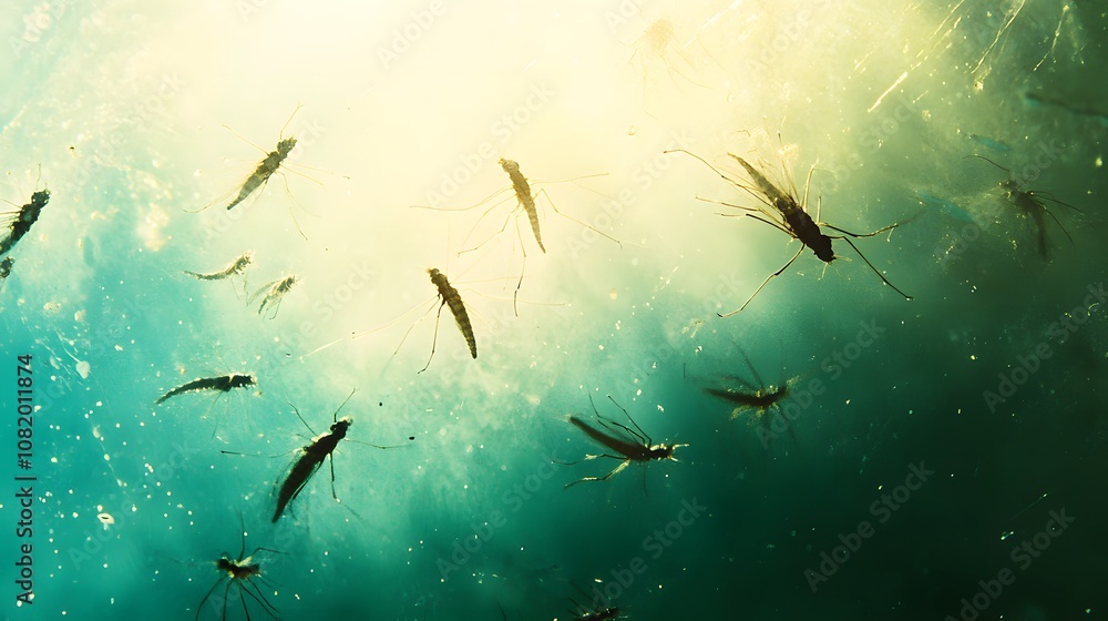 Obraz premium Mosquito larvae thriving in a still water sample, highlighting the importance of environmental monitoring and prevention of mosquito-borne diseases.