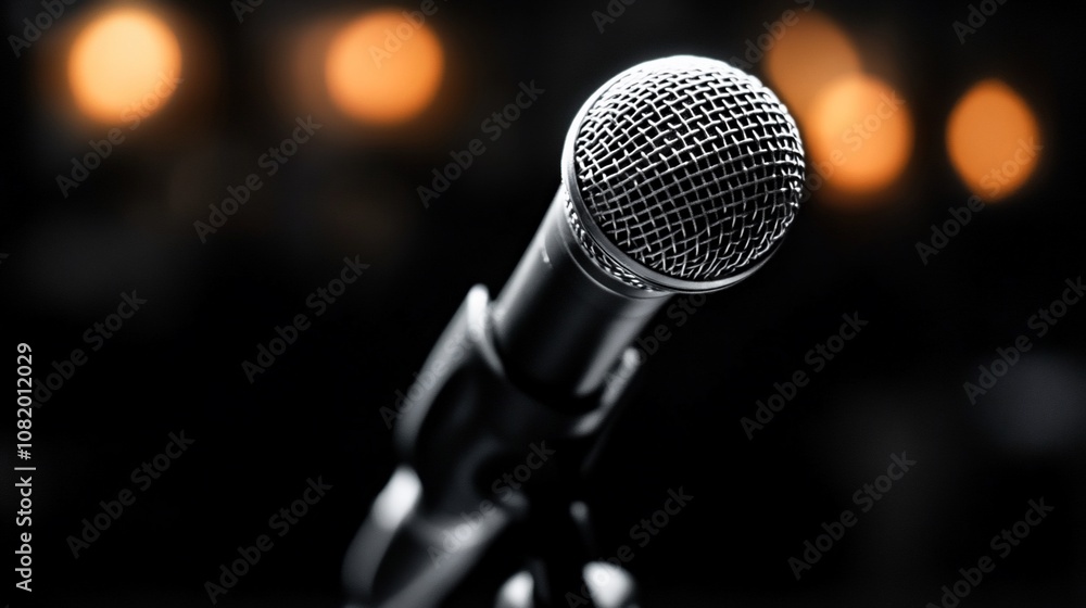 A close-up of a microphone on a stand with a blurred background of lights. A close-up of a microphone on a stand with a blurred background of lights.