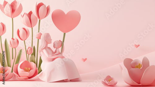 3D Render of Mother’s Day - Mother Holding Child Among Tulips