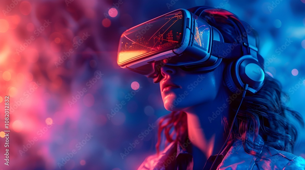 Portrait of amazed young woman in a VR headset explores the metaverse's virtual space. Gaming and futuristic entertainment concept Portrait of amazed young woman in a VR headset explores the metaverse's virtual space. Gaming and futuristic entertainment concept