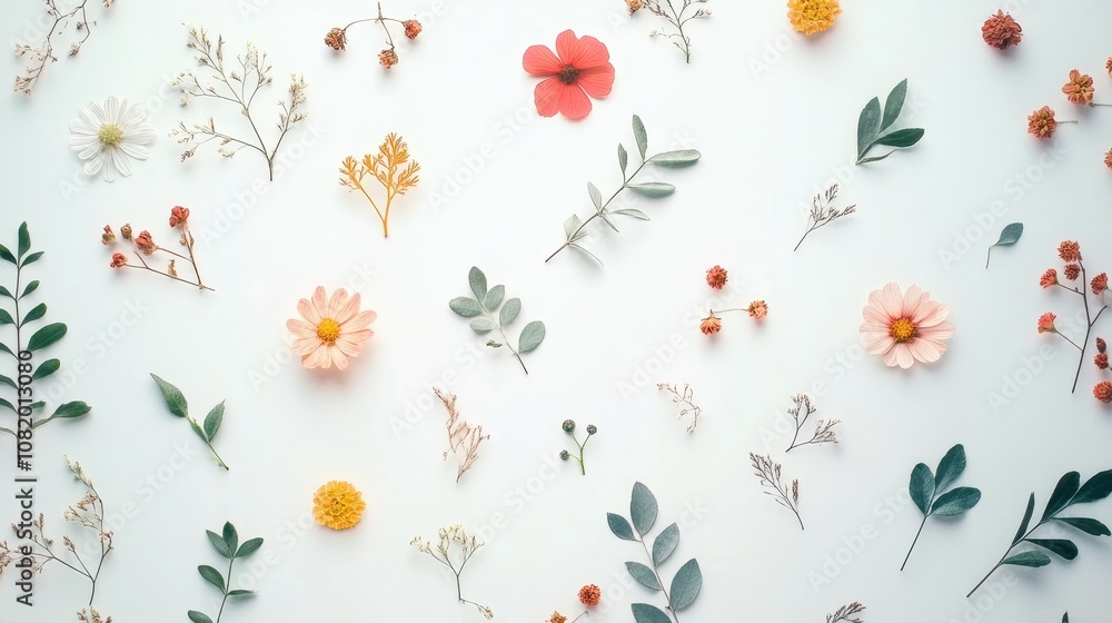 Fototapeta premium A nature-inspired background featuring small flowers, leaves, and branches, evoking a sense of calm.