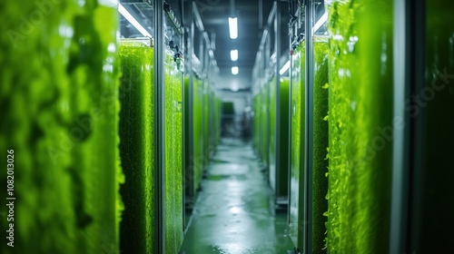 Biofuel production plant using algae large-scale algae cultivation tanks, energy-efficient production, sustainable bio-energy solutions, advanced processing tech photo