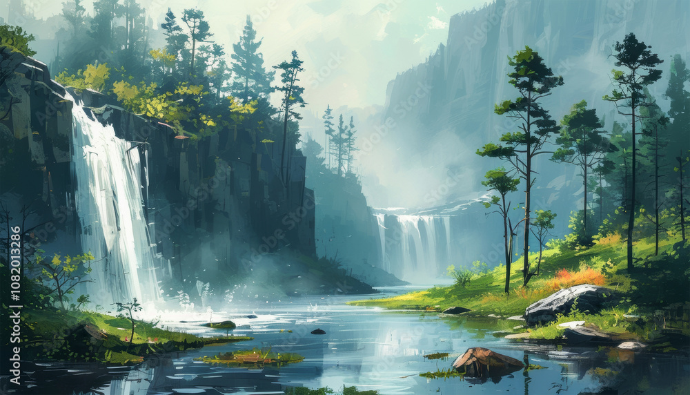 Majestic Waterfall Oasis in a Tranquil Forest Setting Majestic Waterfall Oasis in a Tranquil Forest Setting