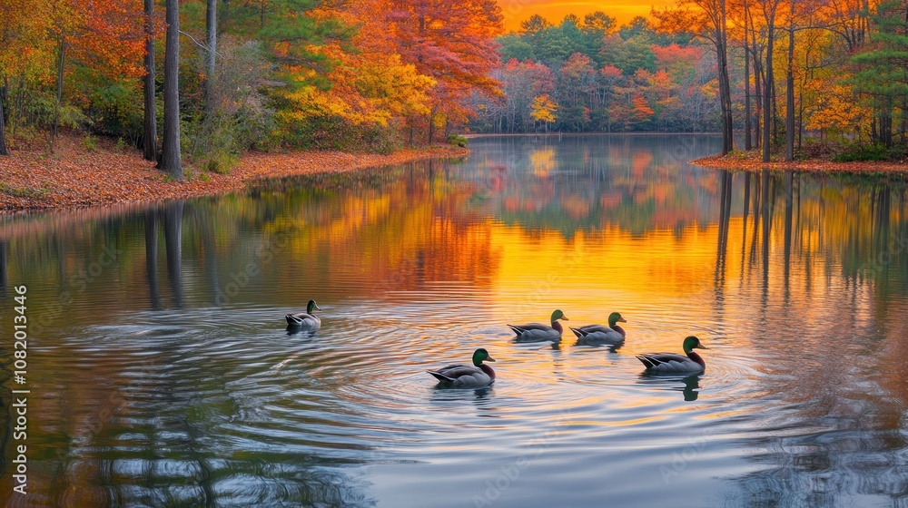 Ducks Swimming in a Calm Lake Surrounded by Autumn Trees Ducks Swimming in a Calm Lake Surrounded by Autumn Trees