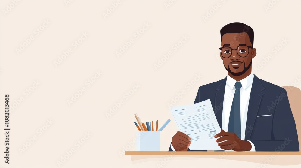 Professional Businessman Reviewing Documents in Office Setting Professional Businessman Reviewing Documents in Office Setting