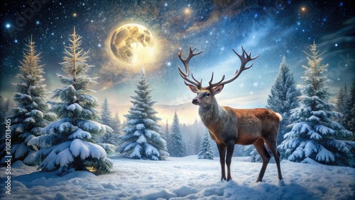 Majestic reindeer roam beneath a full moon, illuminating the serene winter landscape. Snow blankets the ground, creating a peaceful scene of nature's quiet beauty.