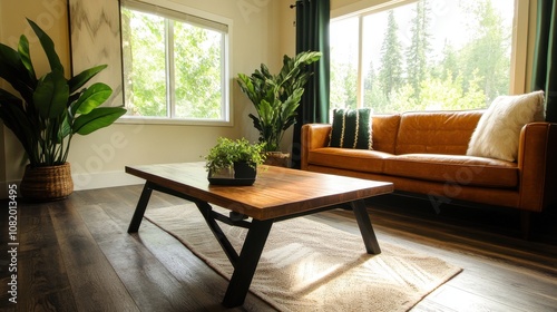 A cozy living room with a wooden coffee table, a comfortable sofa, and lush green plants, creating a warm and inviting atmosphere.