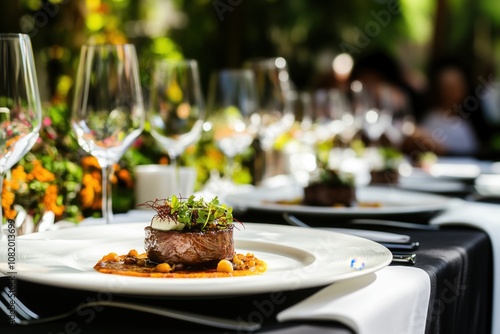 Fototapeta Naklejka Na Ścianę i Meble -  Gourmet Dining Alfresco: A delectable steak dish takes center stage at an elegant outdoor dinner setting.  The image captures the ambiance of fine dining.