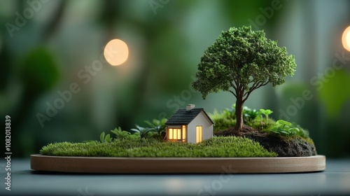 A miniature model of a cozy house surrounded by greenery, illuminated by warm light, creating a serene and inviting atmosphere. photo